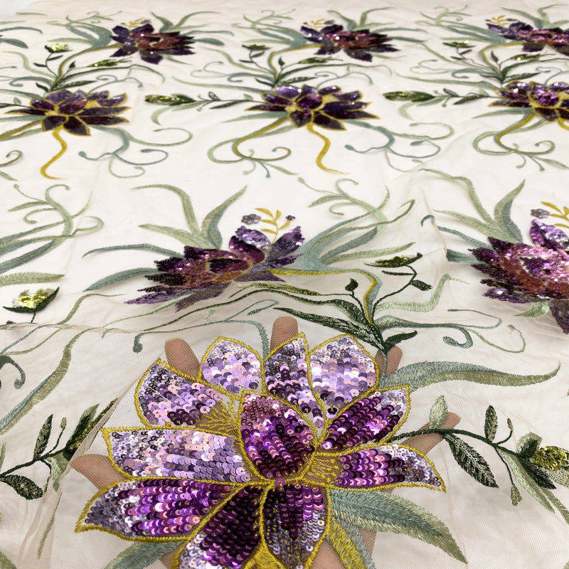 Multicolor Botanical Sequin Embroidered Bridal Fabric – Design 01823 — fabric photo 5