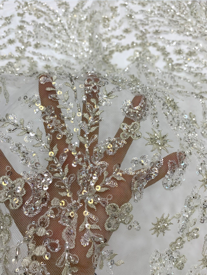 3D 2/4 mm Crystal-Look Sequin & Silver-Bead Embroidered Bridal Fabric — fabric photo 4