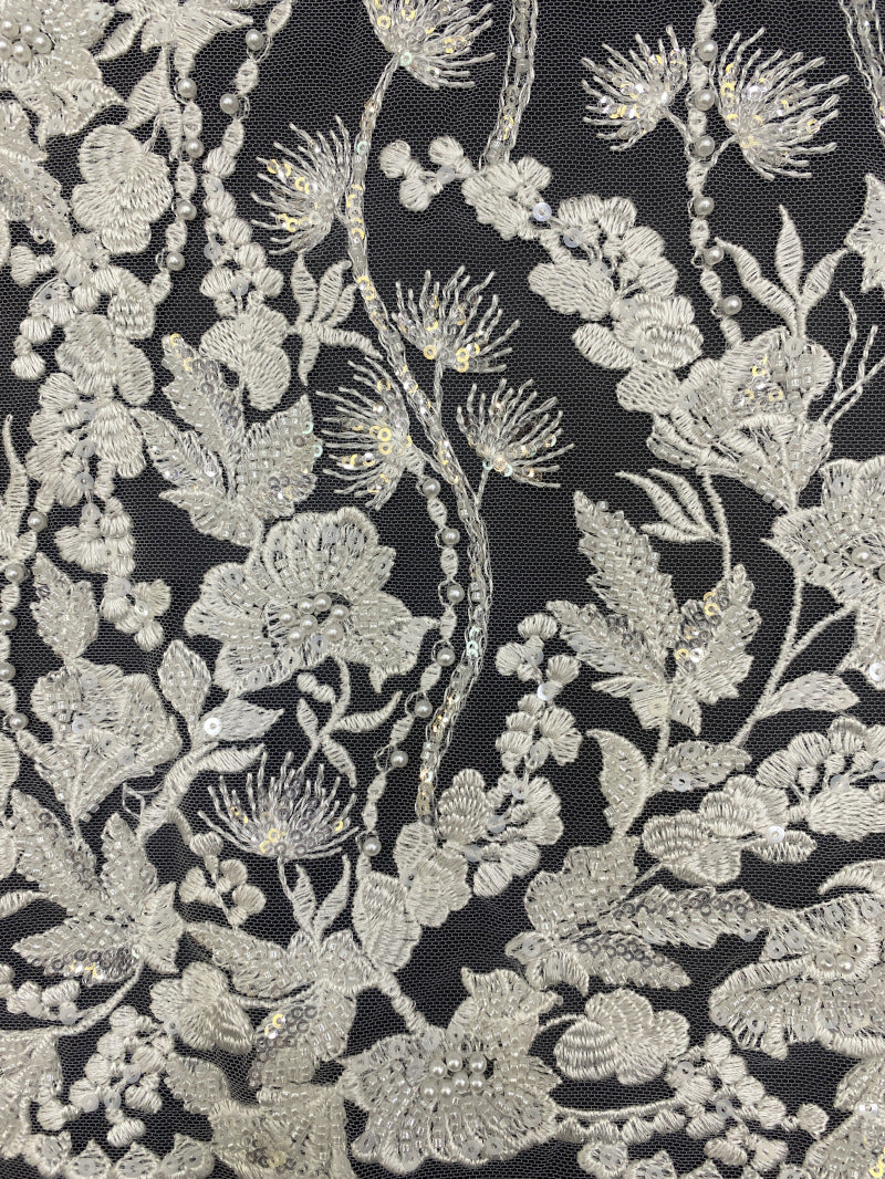 Floral Bead & 3/4mm Sequin Wedding Fabric — fabric photo 3