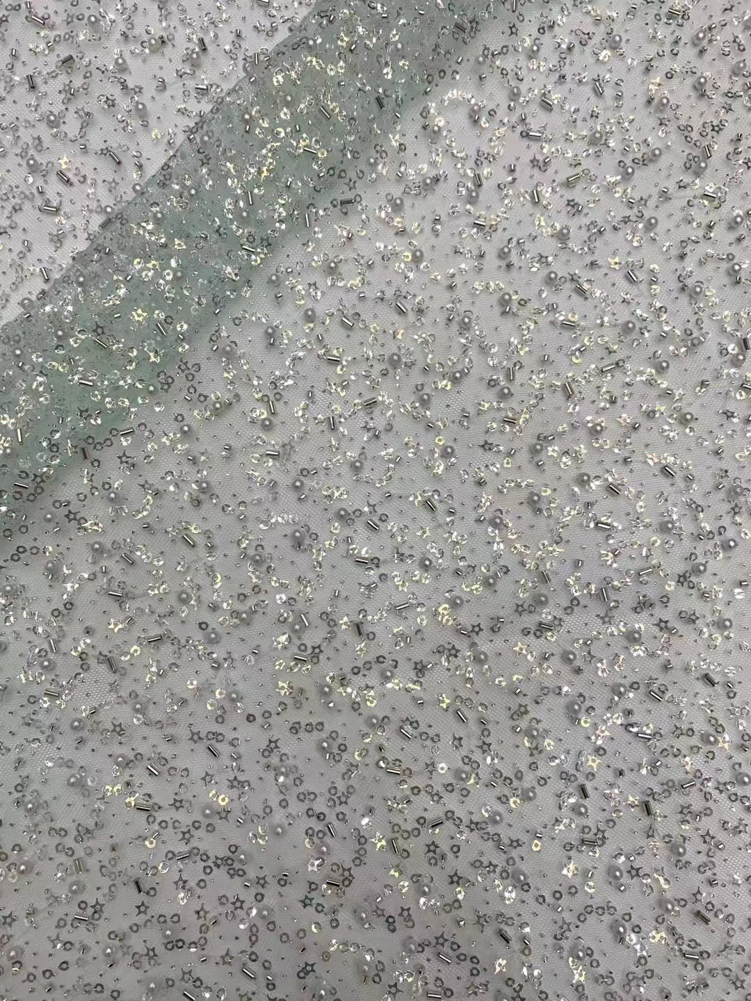 Crystal-Look Sequin & Triple-Bead Embroidered Bridal Fabric — fabric photo 5