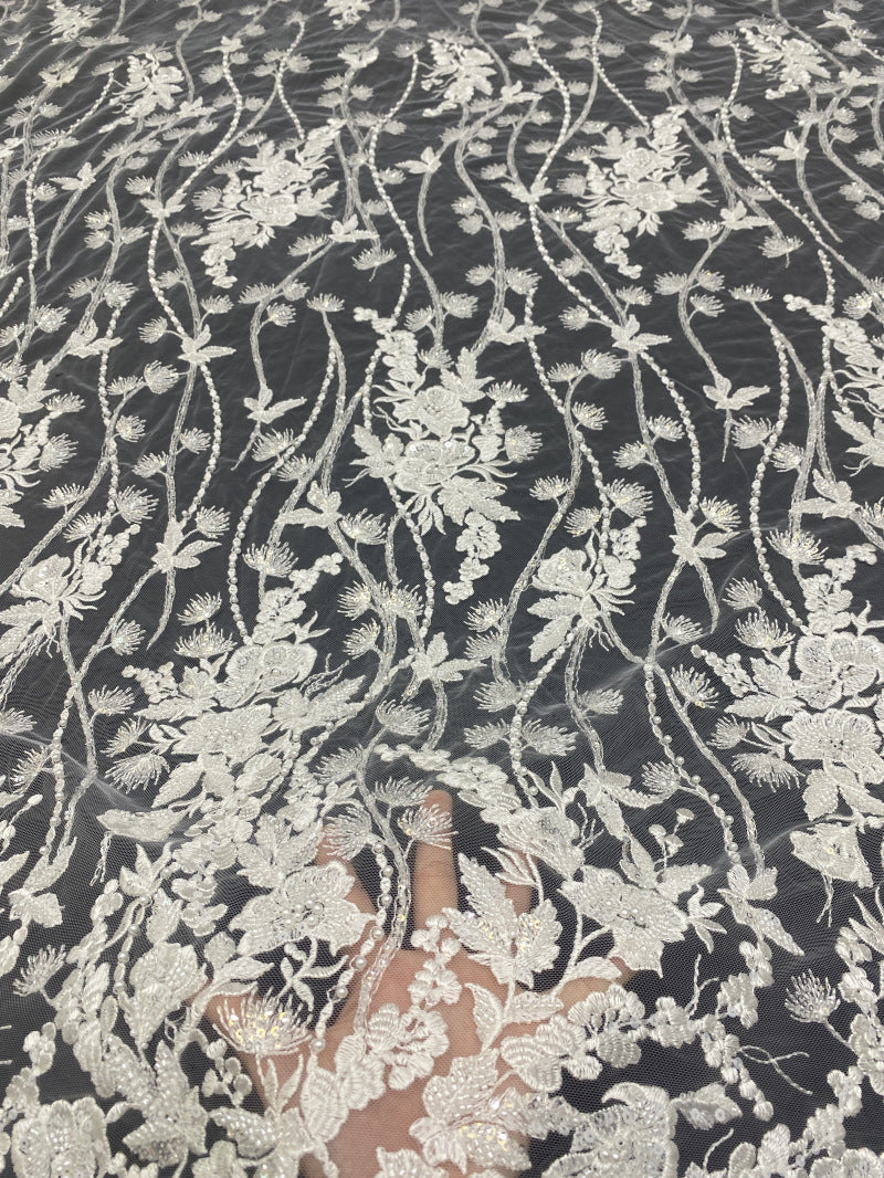 Floral Bead & 3/4mm Sequin Wedding Fabric — fabric photo 2