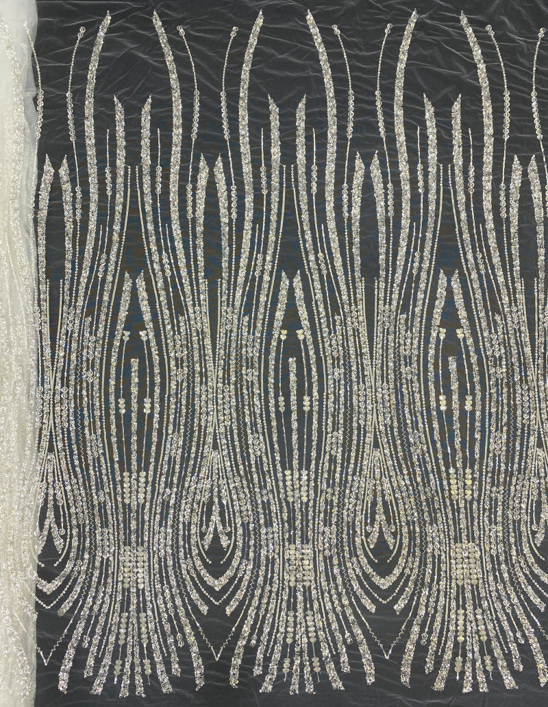 3/5 mm Crystal-Look Sequin & Silver-Bead Embroidered Bridal Fabric