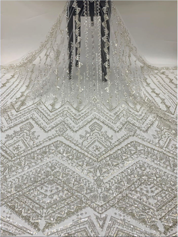 3 mm Crystal-Look Sequin & Bugle-Bead Embroidered Bridal Fabric