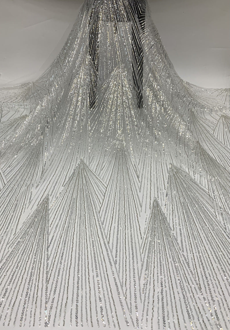 3D 3/5 mm Crystal-Look Sequin & Silver-Bead Embroidered Bridal Fabric – Design 16543 — fabric photo 6