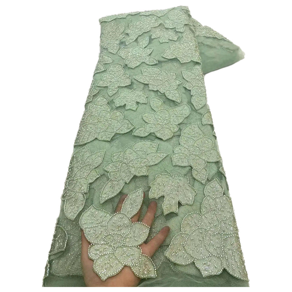 Floral Bugle Bead Applique Embroidered Mesh Fabric – Per Yard — fabric photo 4