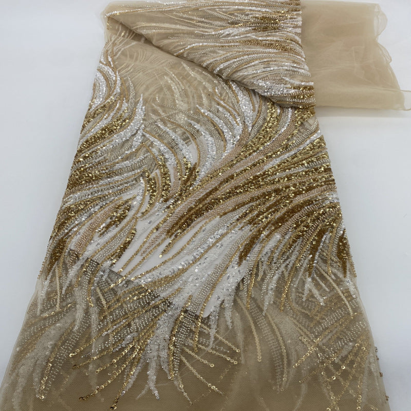 3D Floral Bugle Bead Sequin Embroidery Fabric — fabric photo 3