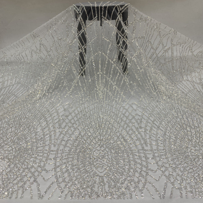 Crystal-Look Sequin & Silver-Bead Embroidered Bridal Fabric