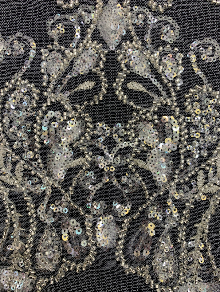 Large Floral 3/4 mm Crystal-Look Sequin & Silver-Bead Embroidered Bridal Fabric — fabric photo 4
