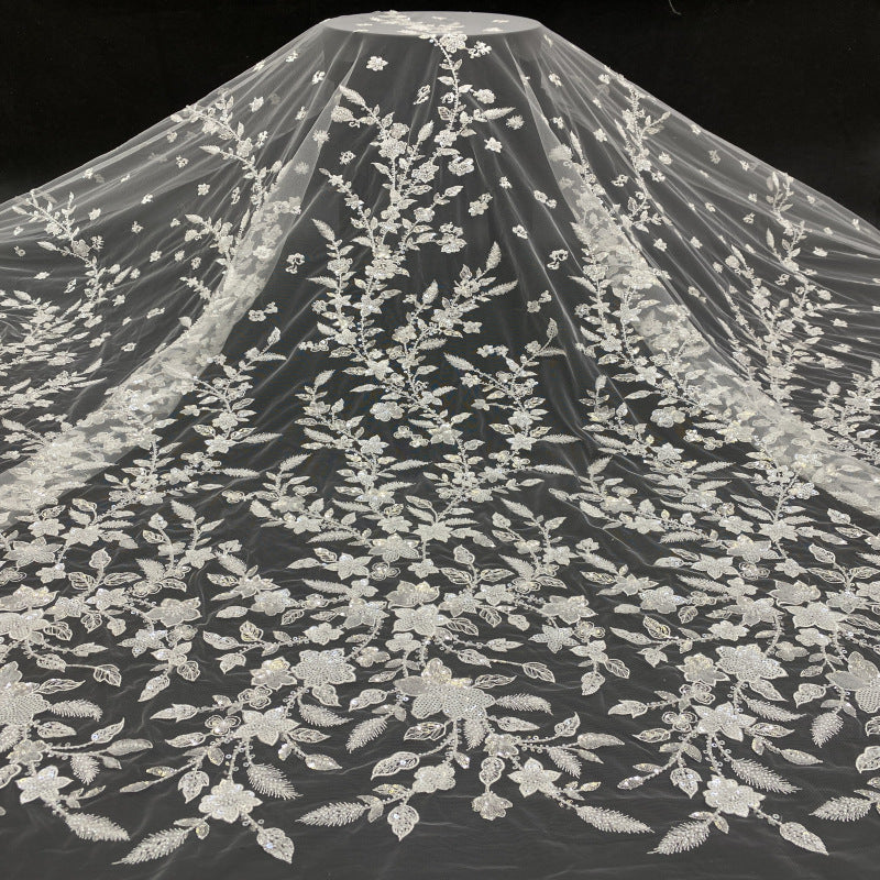 Botanical Sequin & Bugle-Bead Embroidered Bridal Fabric – Design 21279