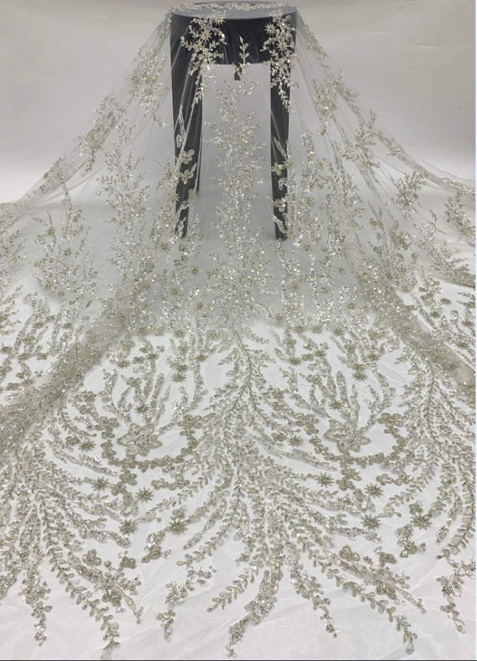 3D 2/4 mm Crystal-Look Sequin & Silver-Bead Embroidered Bridal Fabric