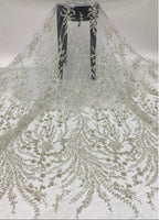 3D 2/4 mm Crystal-Look Sequin & Silver-Bead Embroidered Bridal Fabric