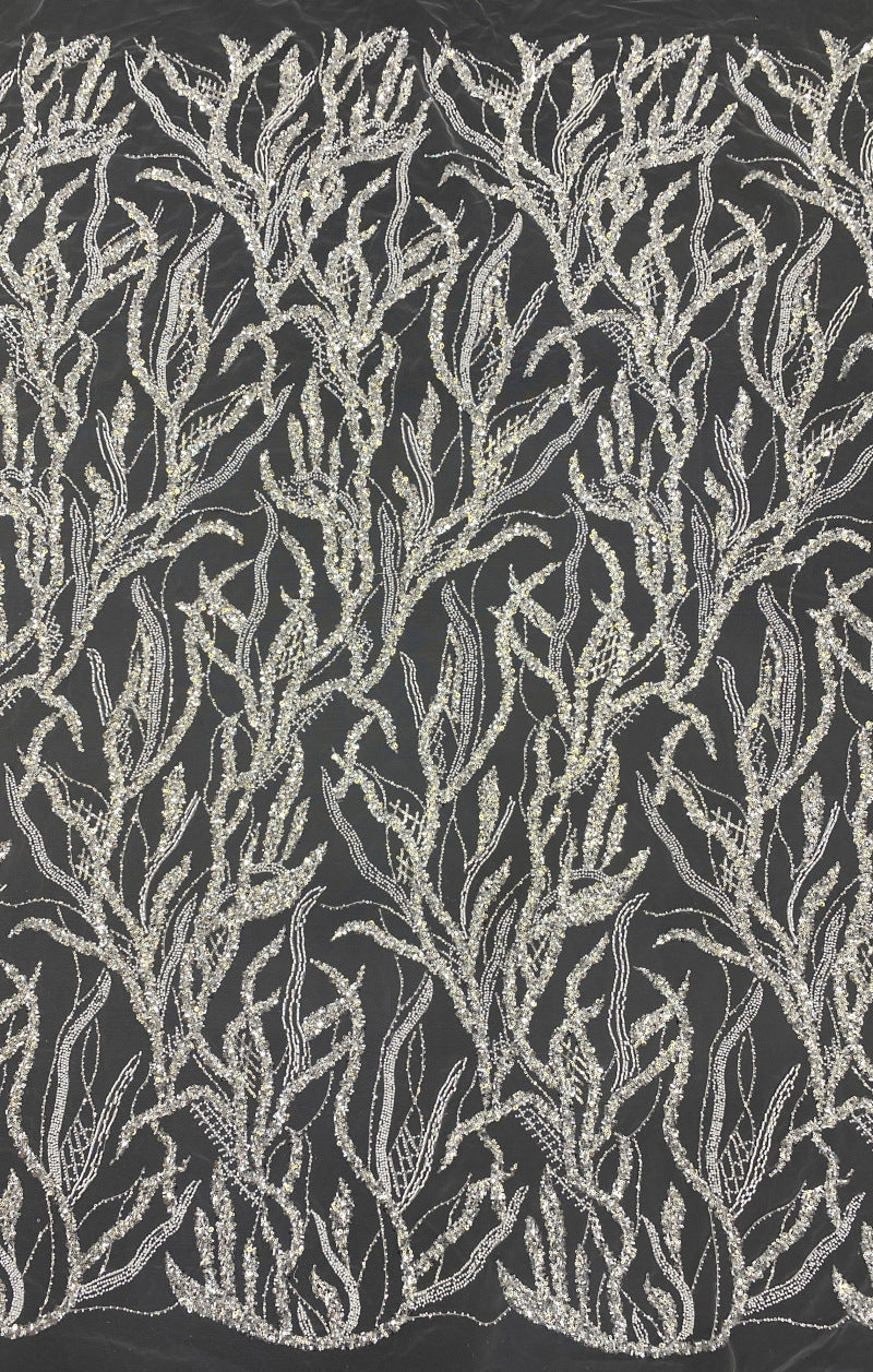 Silver Bead Crystal Sequin Embroidered Bridal Fabric