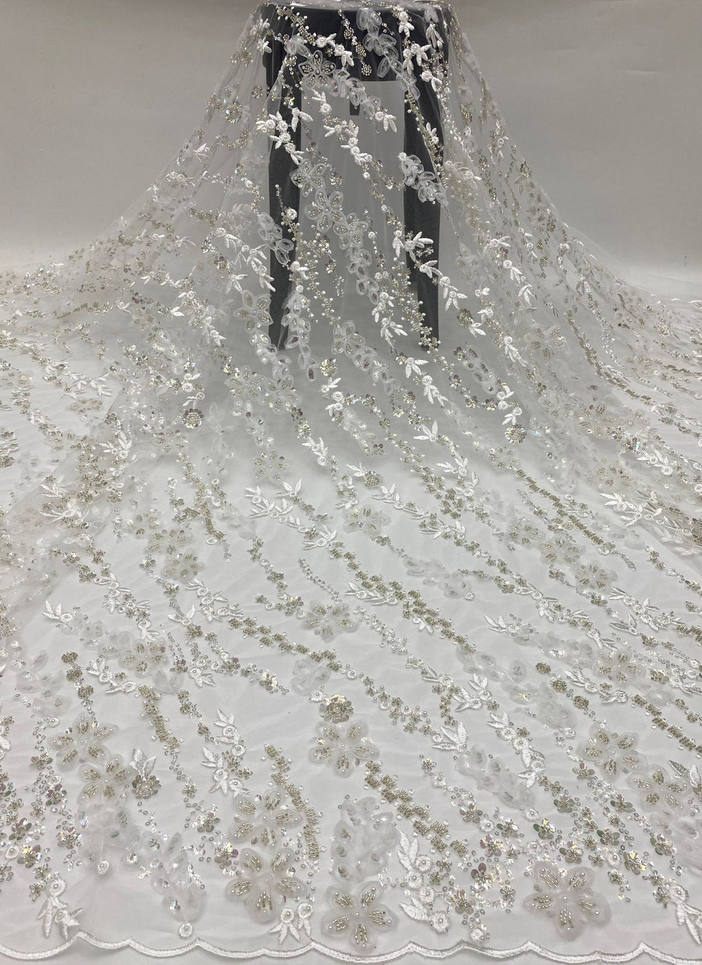 Corded Silver Bead & 4/7 mm Sequin Embroidered Fabric