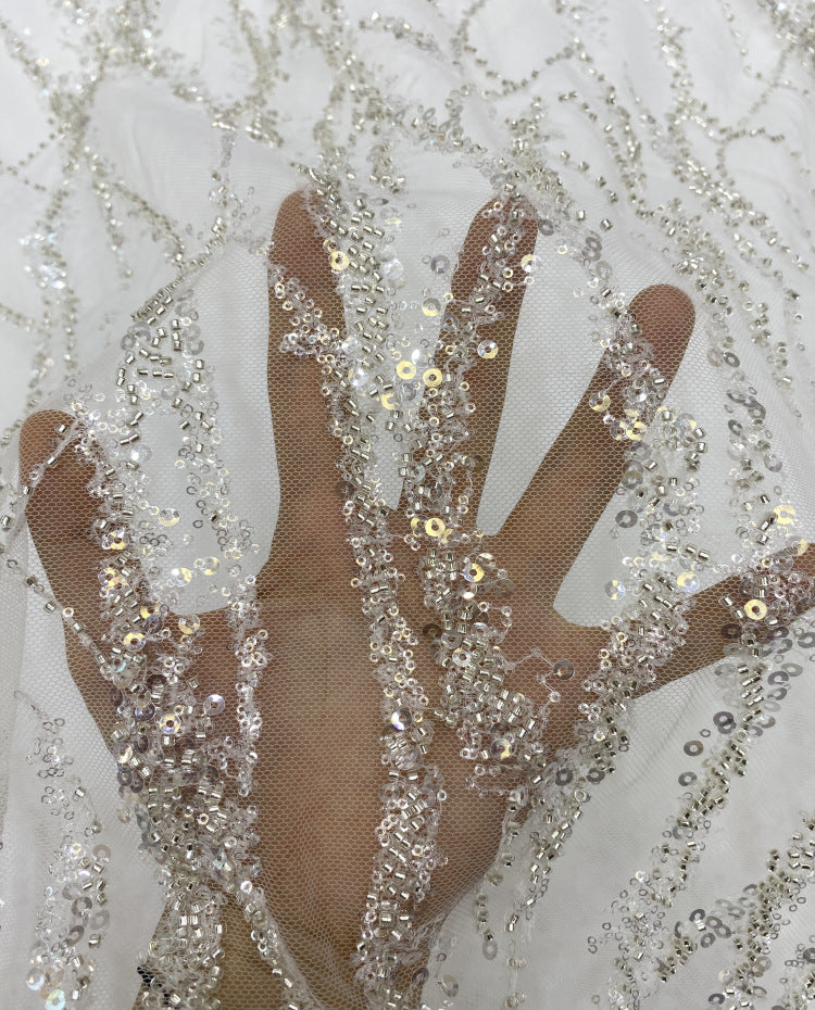 Abstract Silver Bead and 2/4 mm Crystal Sequin Fabric — fabric photo 3