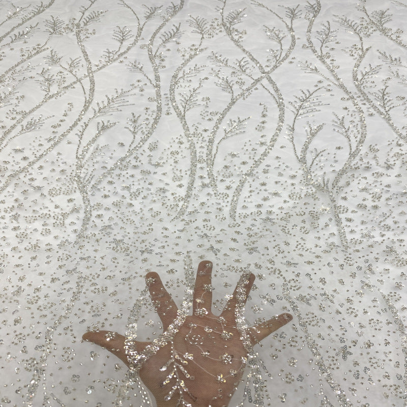 Leaf Bugle Bead and 3/5mm Sequin Embroidered Fabric — fabric photo 4