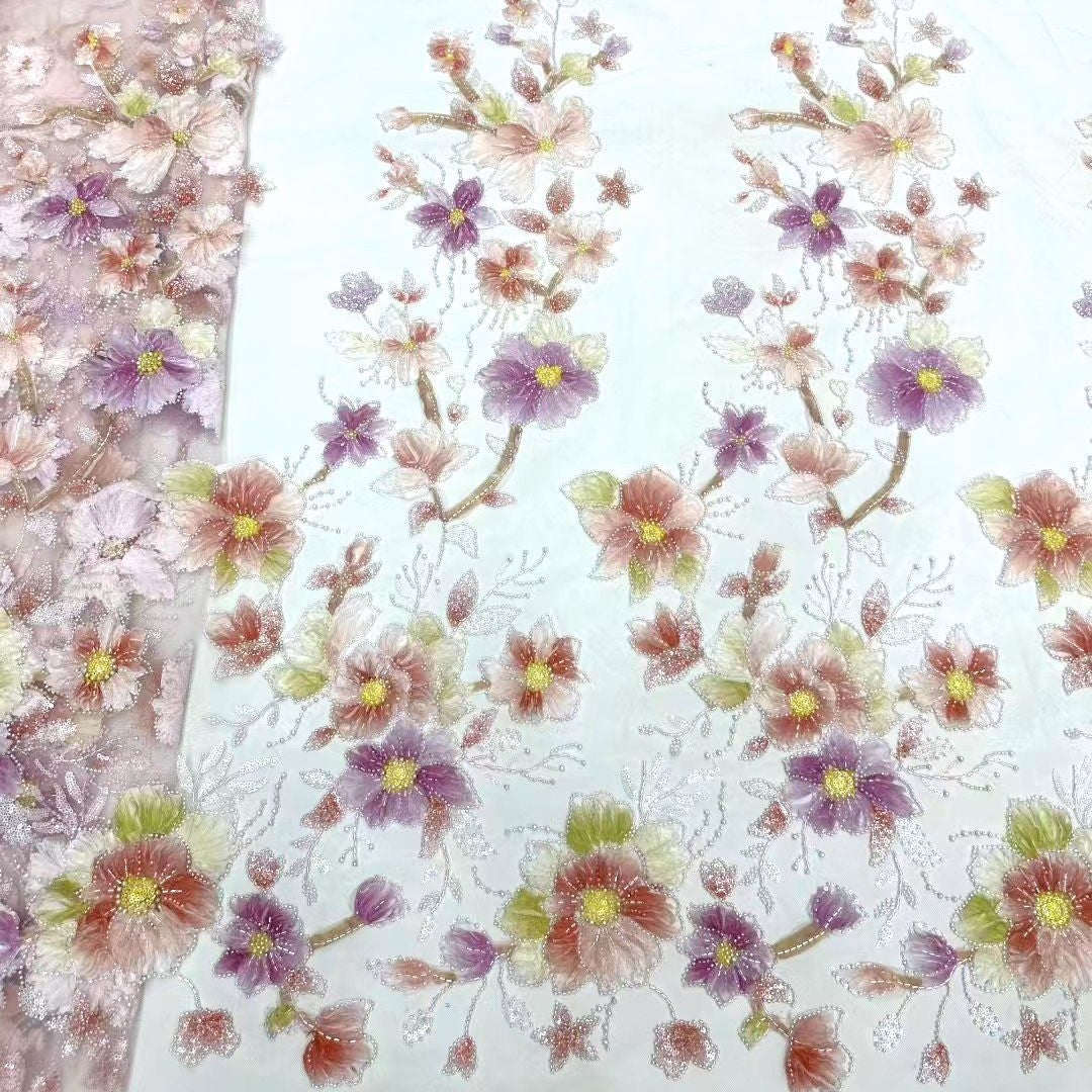 3D Laser Floral Applique Sequin Embroidered Mesh – Per Yard
