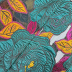 Close-up of teal organza with pink and yellow embroidered metallic botanical pattern