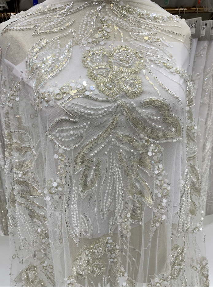 Heavy 3/7 mm Sequin & Triple-Bead Embroidered Bridal Fabric – Design 44351 — fabric photo 5