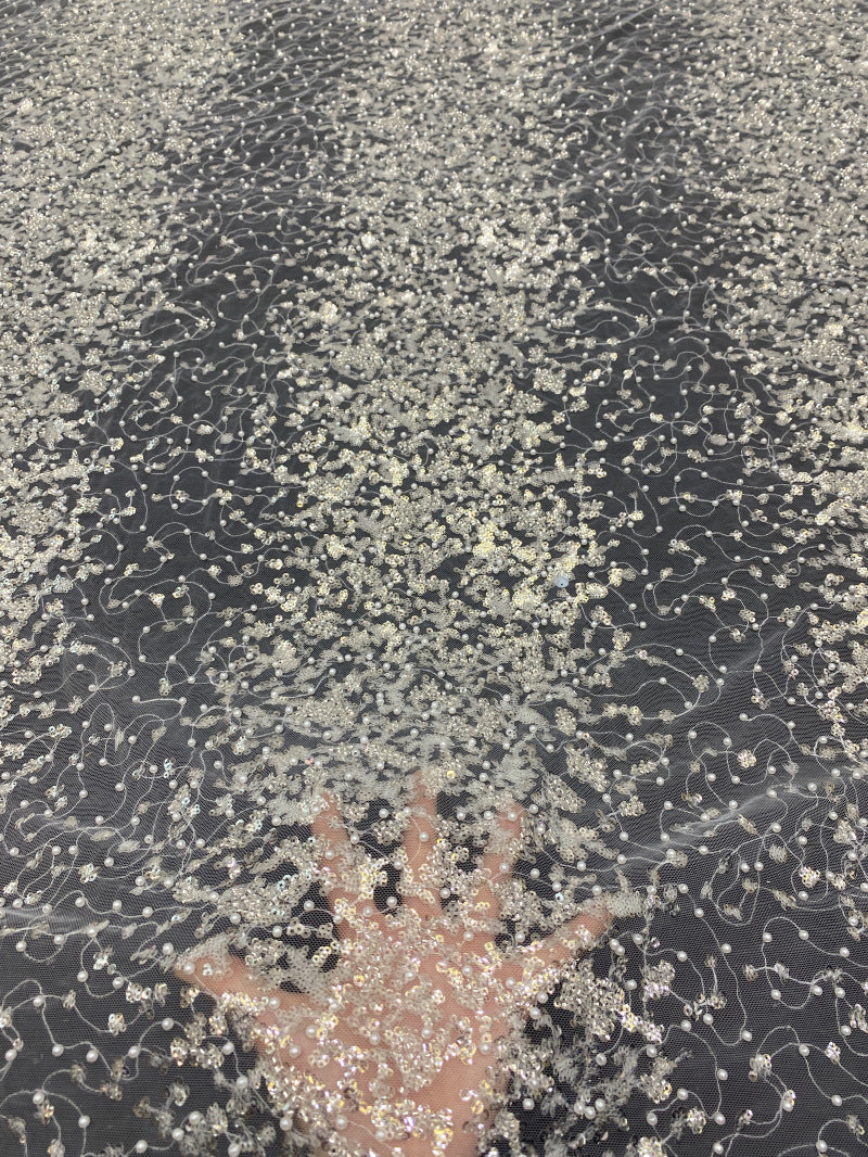 3D Double Bead & Crystal Sequin Embroidery Fabric — fabric photo 2