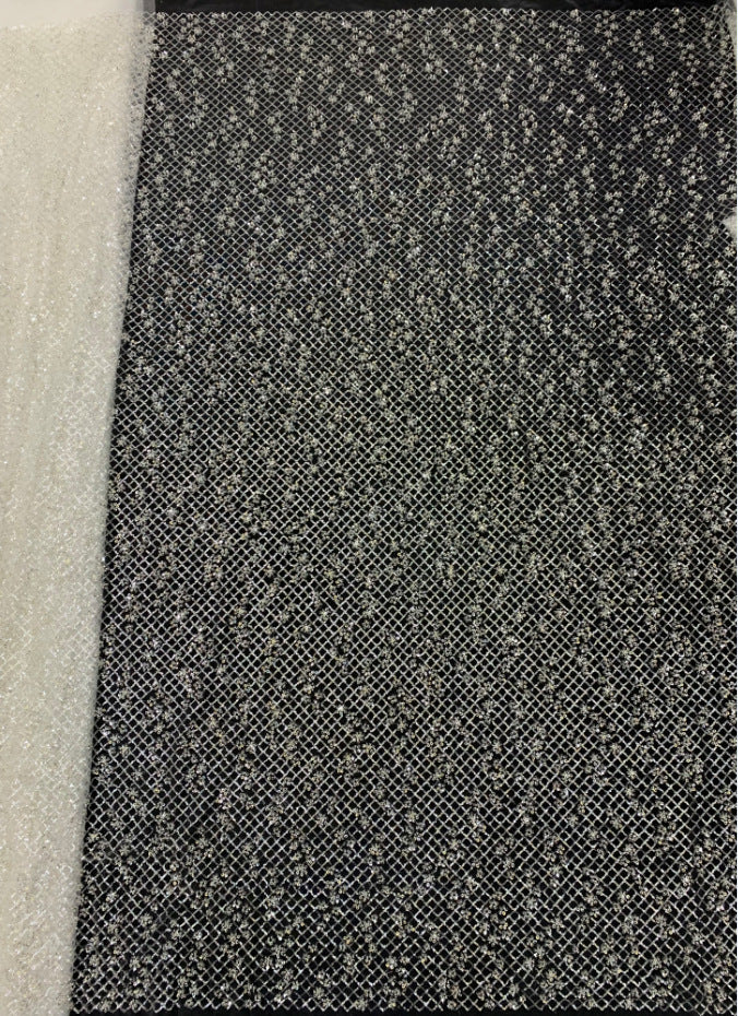 2/4 mm Crystal-Look Sequin & Silver-Bead Embroidered Bridal Fabric – Design 45311 — fabric photo 2