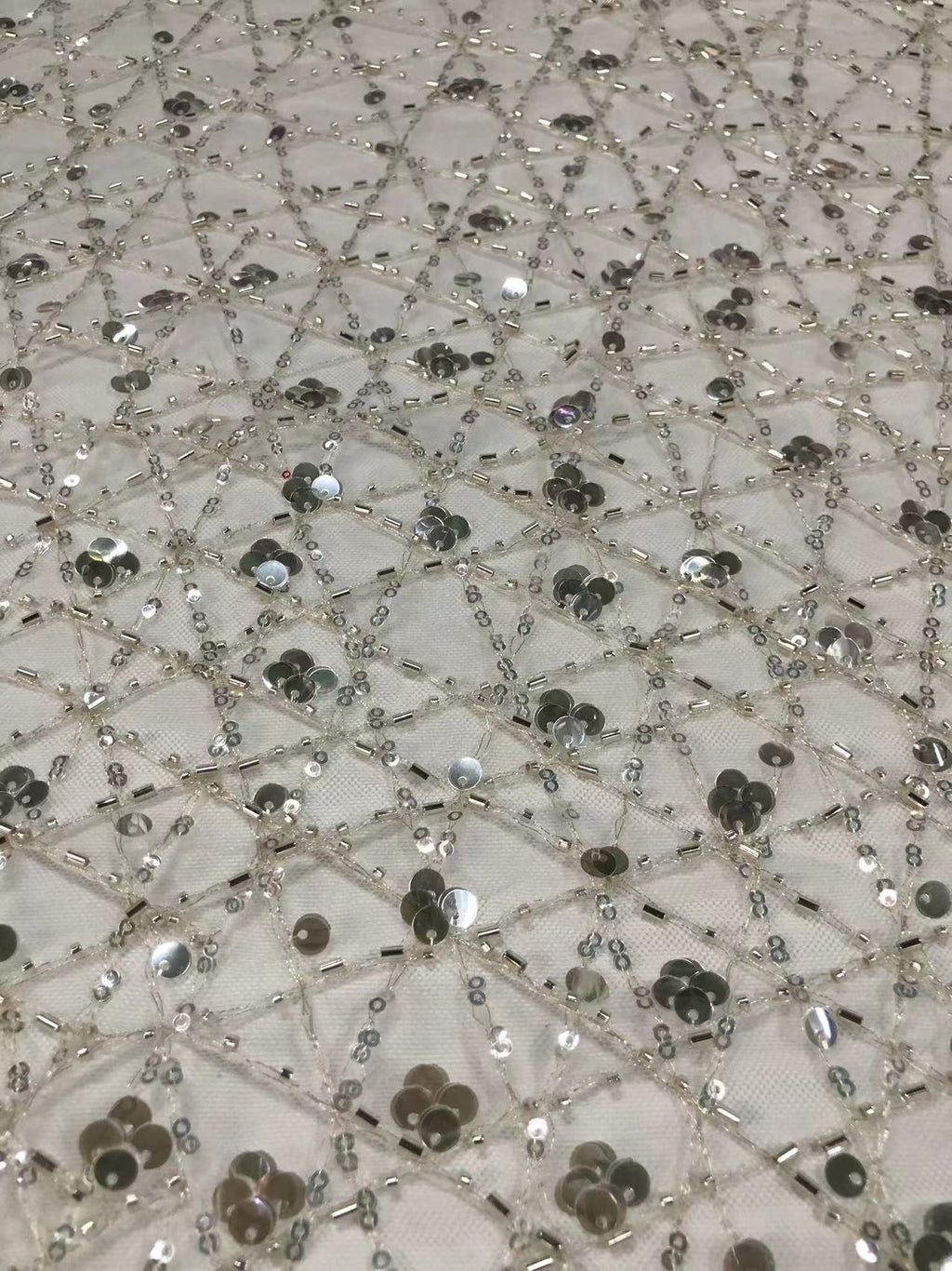 3/7 mm Crystal-Look Sequin & Bugle-Bead Embroidered Bridal Fabric — fabric photo 2