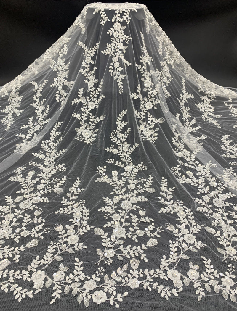 Symmetrical Botanical Bead Sequin Embroidery Fabric