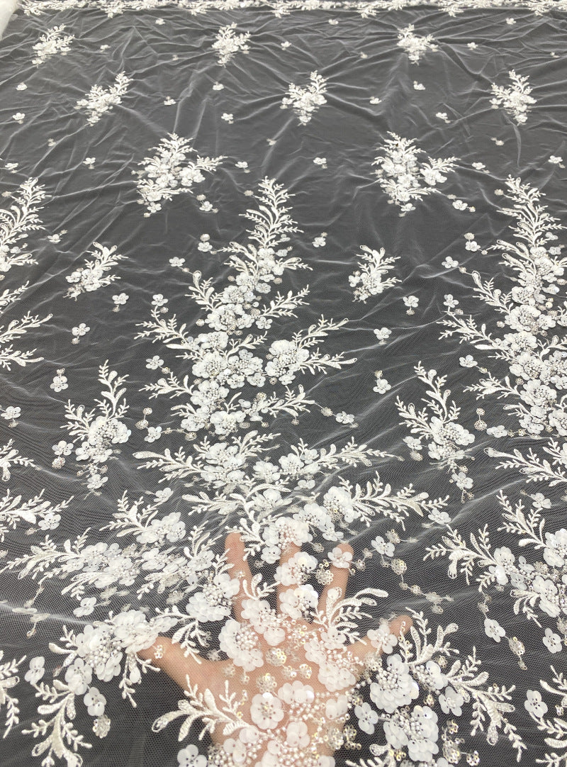 3D White-Core Bead and Sequin Embroidered Fabric — fabric photo 2