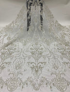 2/4 mm Crystal-Look Sequin & Silver-Bead Embroidered Bridal Fabric – Design 09151