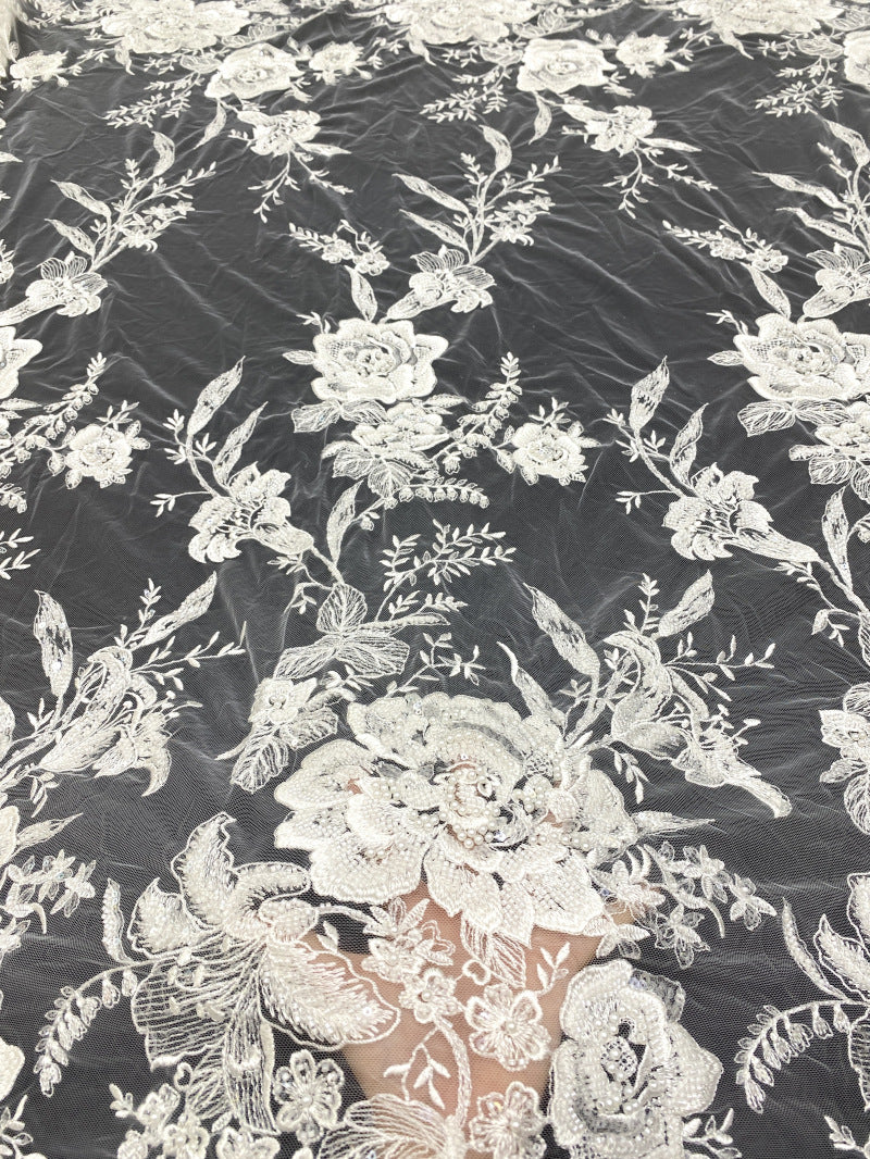 Silver Bead and Crystal Sequin Embroidery Fabric — fabric photo 2