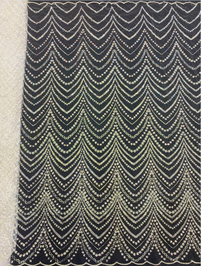 Wave 3/5 mm Crystal-Look Sequin & Silver-Bead Embroidered Bridal Fabric – Design 38527 — fabric photo 4
