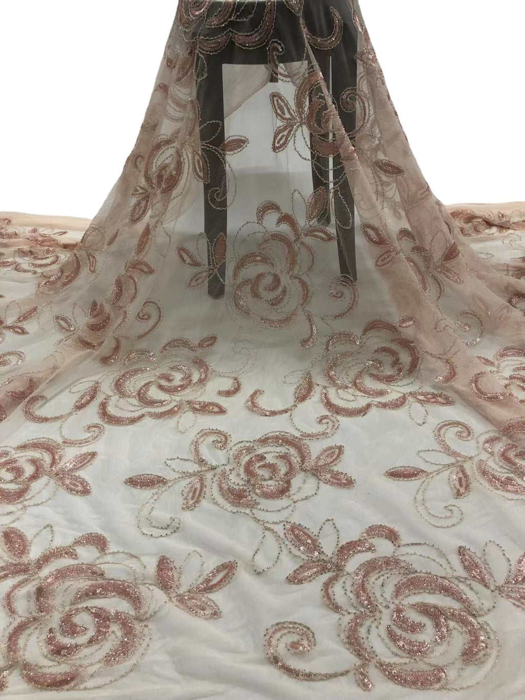 Blush Pink 3D Floral Bead & 3/5 mm Sequin Fabric