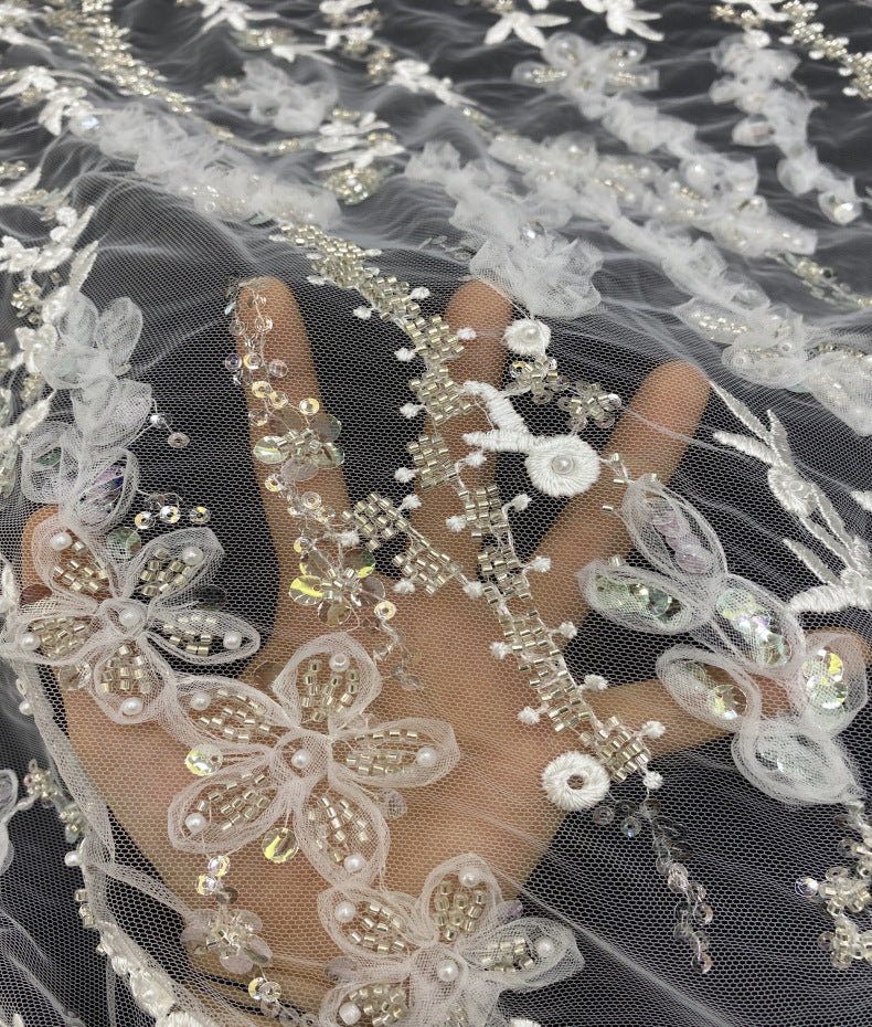 Corded Silver Bead & 4/7 mm Sequin Embroidered Fabric — fabric photo 3