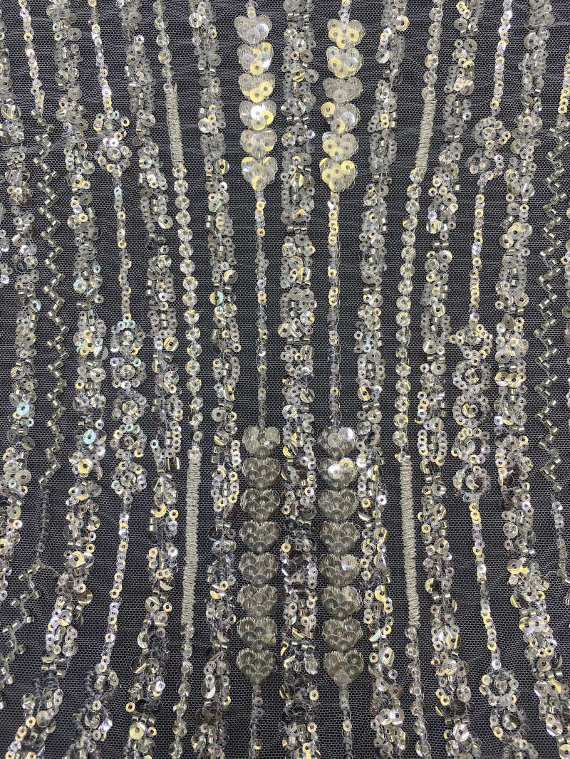 3/5 mm Crystal-Look Sequin & Silver-Bead Embroidered Bridal Fabric — fabric photo 3
