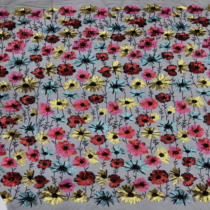 Multicolor Botanical Layered Sequin Embroidered Tulle Mesh Fabric — fabric photo 2