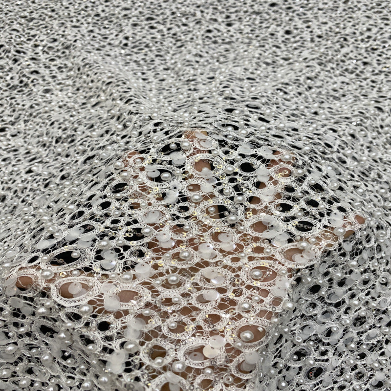 Lace-Base Raised Bead and Sequin Embroidered Fabric