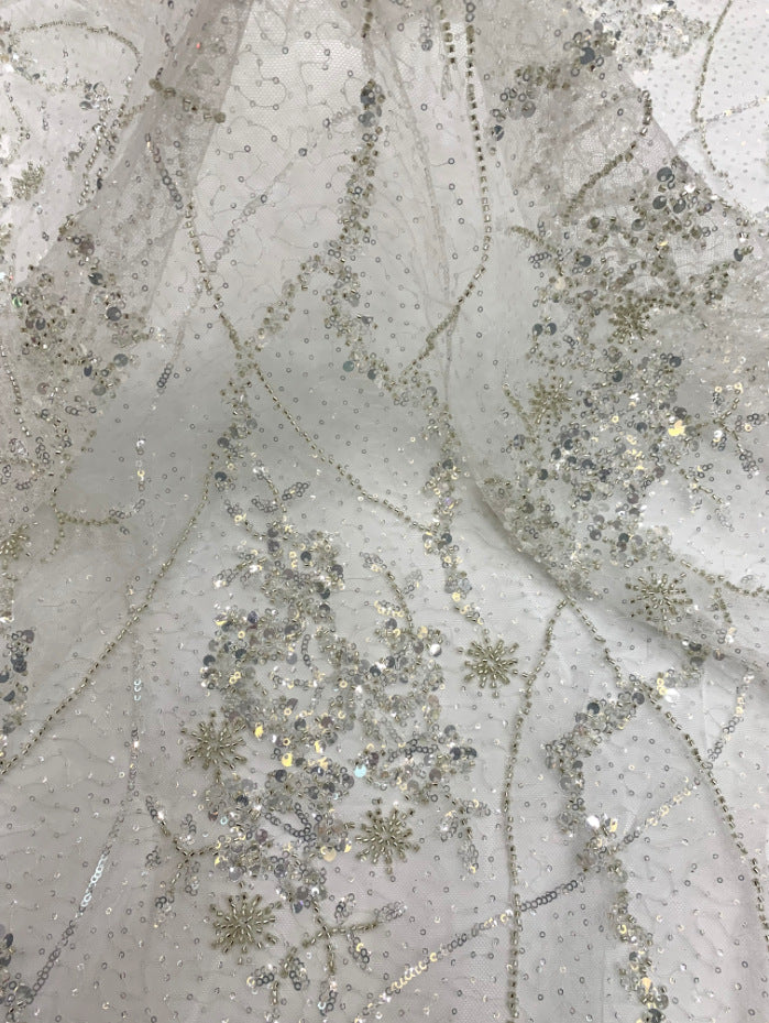 2/3/5 mm Crystal-Look Sequin & Silver-Bead Embroidered Bridal Fabric — fabric photo 3