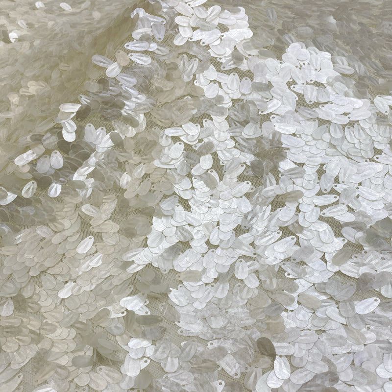 White Shell Sequin Embroidered Stretch Mesh — fabric photo 3