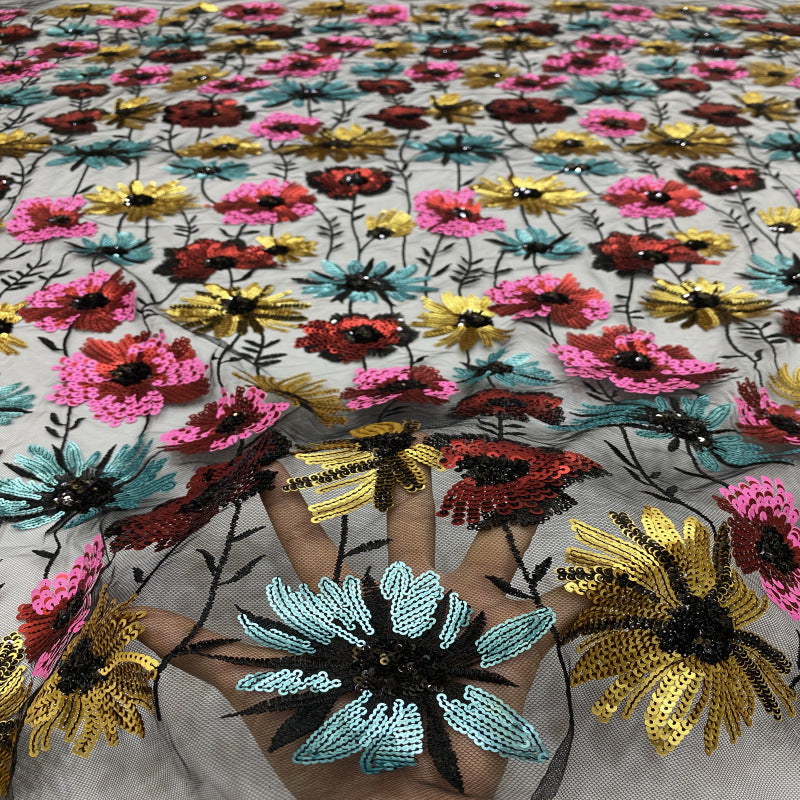 Multicolor Botanical Layered Sequin Embroidered Tulle Mesh Fabric — fabric photo 3