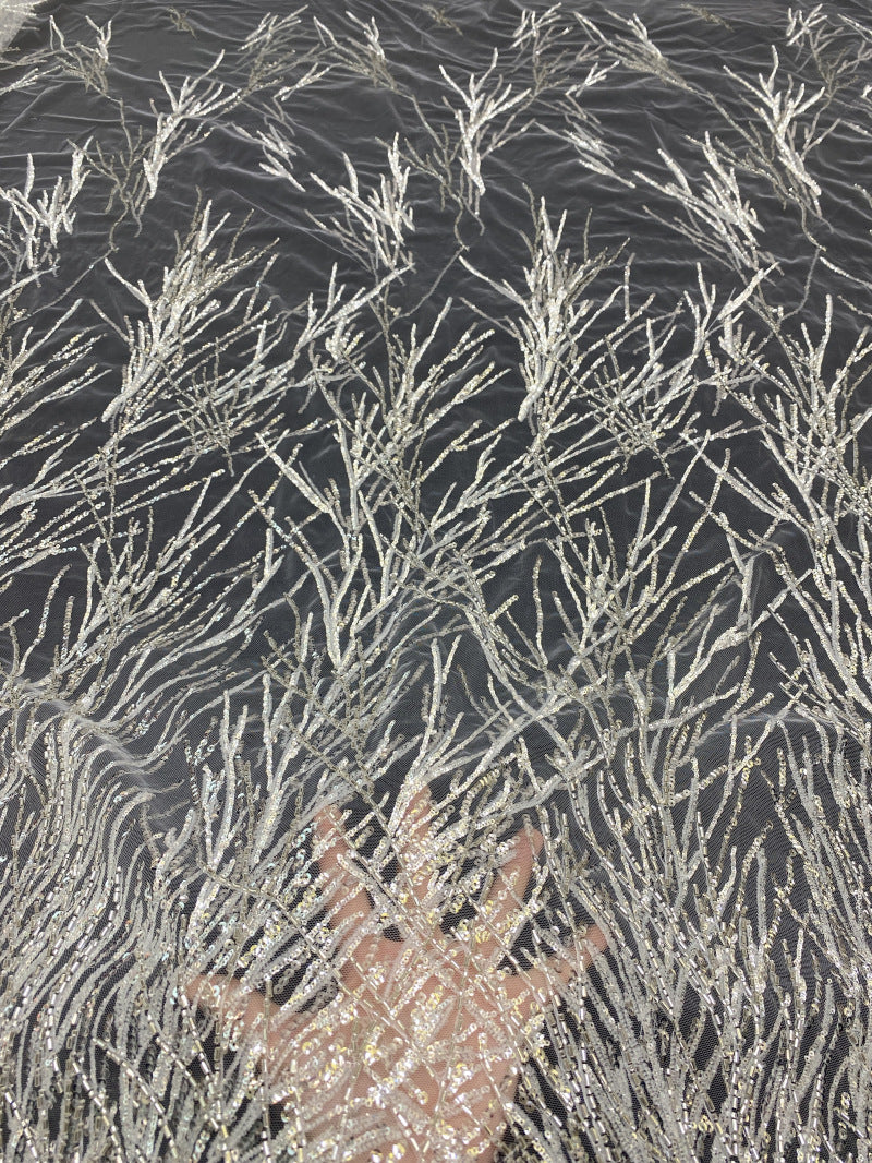 2/4 mm Crystal-Look Sequin & Bugle-Bead Embroidered Bridal Fabric — fabric photo 4