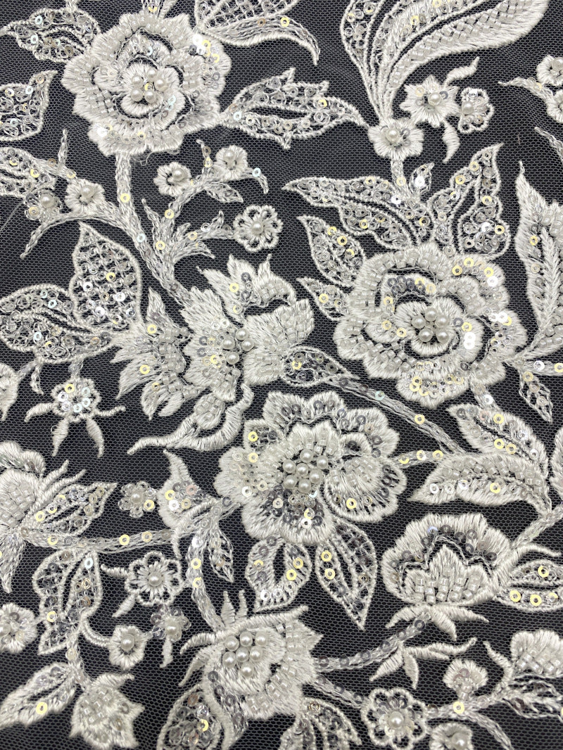 Symmetrical Botanical Beaded Sequin Lace Fabric — fabric photo 3