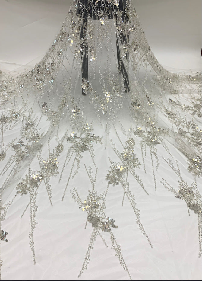 3/7 mm Crystal-Look Sequin & Silver-Bead Embroidered Bridal Fabric – Design 92191 — fabric photo 6