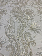 Large Floral Crystal-Look Sequin & Double-Bead Embroidered Bridal Fabric — fabric photo 3