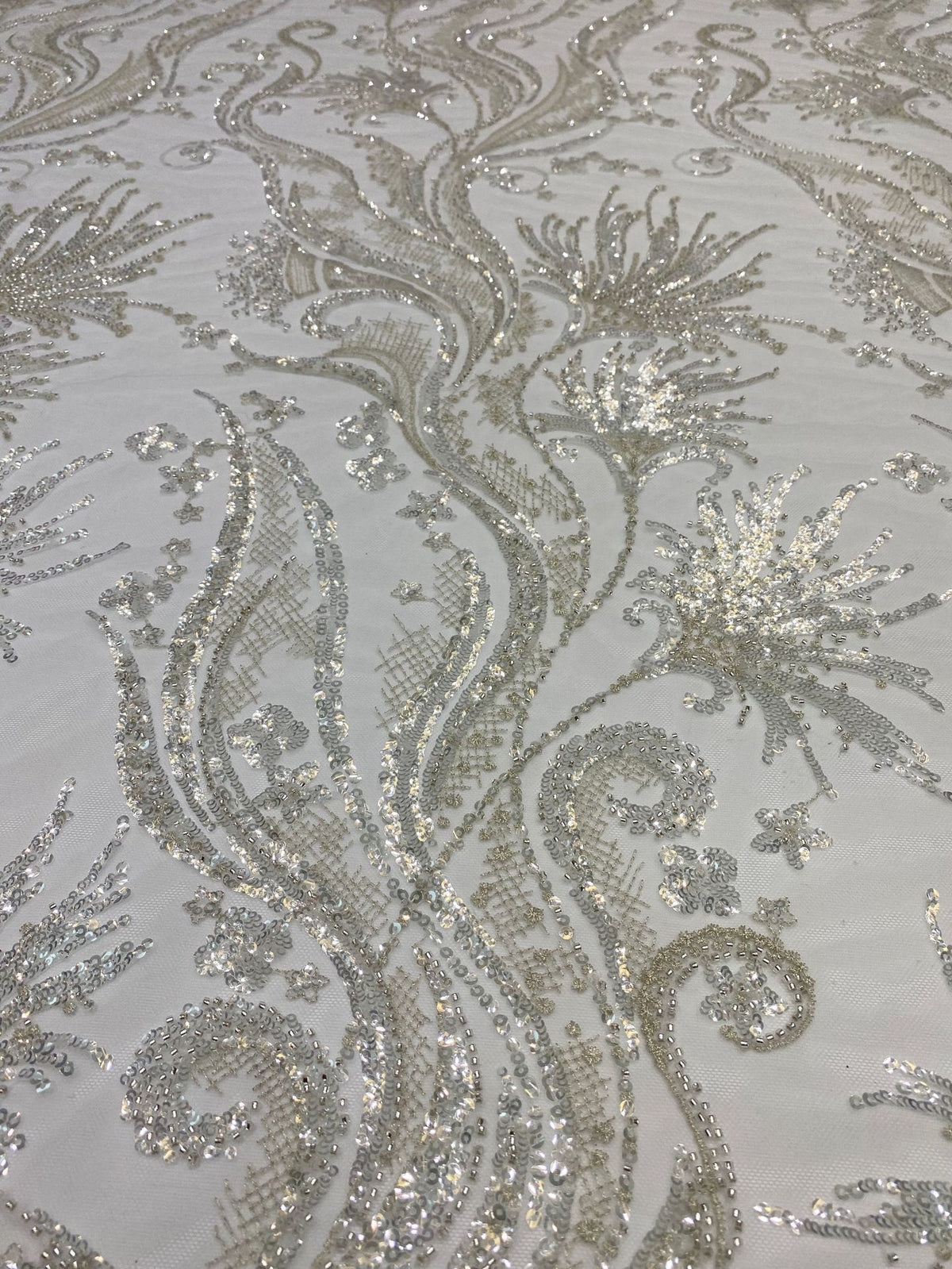 Large Floral Crystal-Look Sequin & Double-Bead Embroidered Bridal Fabric — fabric photo 3