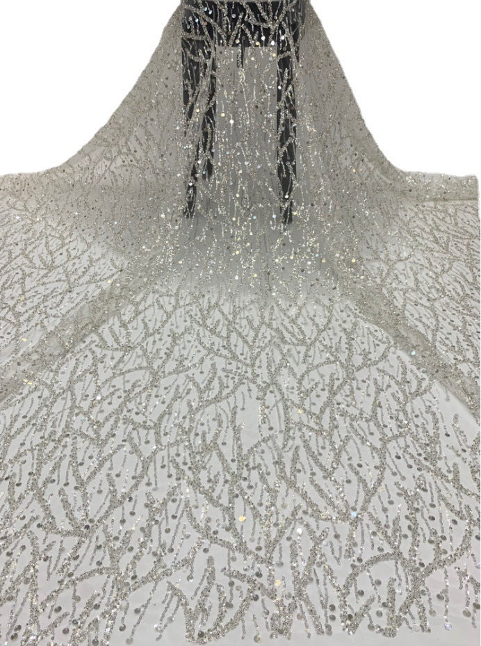 Fine 3/7 mm Crystal-Look Sequin & Silver-Bead Embroidered Bridal Fabric