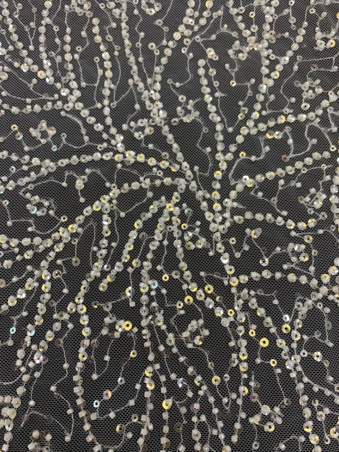 3/4 mm Crystal-Look Sequin & Double-Bead Embroidered Irregular Mesh Fabric — fabric photo 4