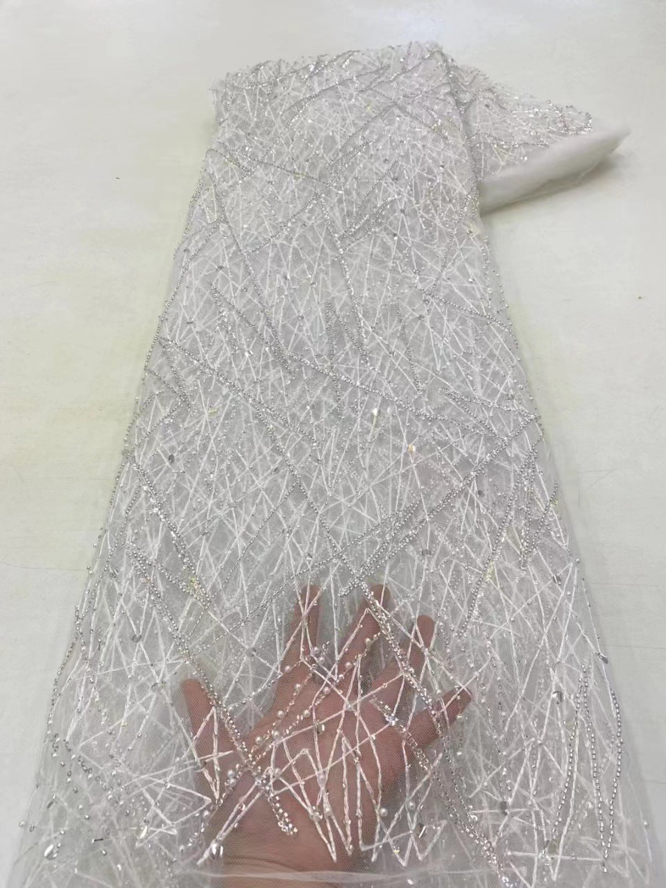 Linear Foam Bead & 3/7mm Sequin Bridal Fabric — fabric photo 6