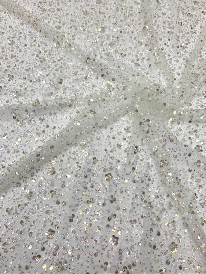 3/7 mm Crystal-Look Sequin & Silver-Bead Embroidered Bridal Fabric – Design 43071 — fabric photo 4