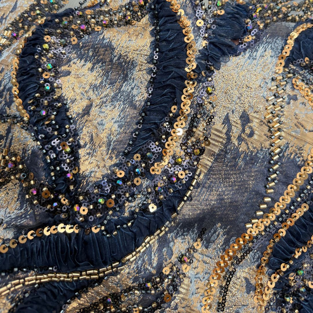 Contrast Wave Bugle Bead & Sequin Embroidered Mesh – Per Yard