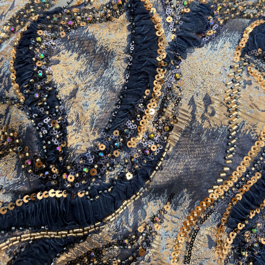 Contrast Wave Bugle Bead & Sequin Embroidered Mesh – Per Yard