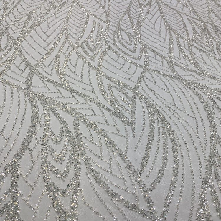 3/4 mm Crystal-Look Sequin & Silver-Bead Embroidered Bridal Fabric – Design 22111 — fabric photo 5